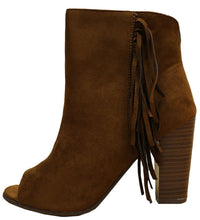 Breckelle's Women's Tassel Fringe Peep Toe Stacked Chunky Heel Bootie