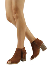 Soda Women's Sueded Fringe Peep Toe Chunky Stacked Heel Bootie