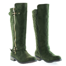 Calf High Biker Boots, Quilted Panel, Stack Heel & Threaded Lug Sole
