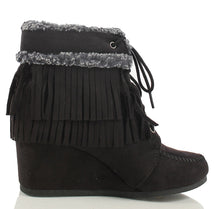 City Classified Women's Faux Suede Faux Fur Moccasin Fringe Lace Up Wedge