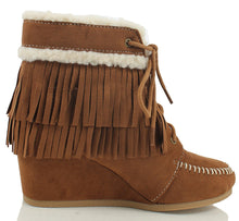 City Classified Women's Faux Suede Faux Fur Moccasin Fringe Lace Up Wedge