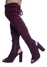 Faux Suede Peep Toe - Thigh High Zipper Closure Lace Up - Chunky High Heel Over The Knee Boot, MVE Shoes