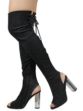 Faux Suede Peep Toe - Thigh High Zipper Closure Lace Up - Chunky High Heel Over The Knee Boot, MVE Shoes