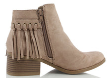 City Classified Women's Bean Faux Suede Fringe Stacked Heel Ankle Bootie, Cognac, 7 M US