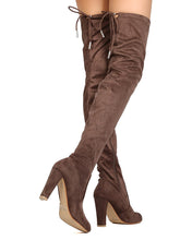 Nature Breeze FH66 Women Faux Suede Thigh High Drawstring Cupped Heel Boot