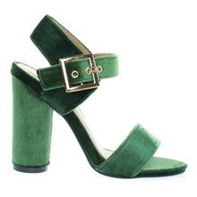 Round Cylinder Block High Heel w Thick Ankle Strap & Metallic Velvet