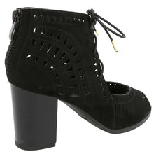 Top Moda Women's Laser Cut Lace Up Stacked Chunky Heel Ankle Bootie Sandal