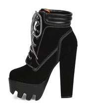 Women Nubuck Lug Sole Block Heel Bootie - Dressy, Cosplay, Night Out - Lace Up Heel Boot - GC93 By Wild Diva