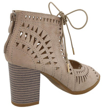 Top Moda Women's Laser Cut Lace Up Stacked Chunky Heel Ankle Bootie Sandal
