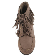 City Classified Women's Faux Suede Moccasin Fringe Lace Up Wedge