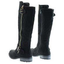 Calf High Biker Boots, Quilted Panel, Stack Heel & Threaded Lug Sole