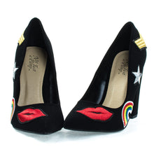 Embroidered Retro Graphic Lips, Rainbow, Star Patch Block Heel Dress Pump