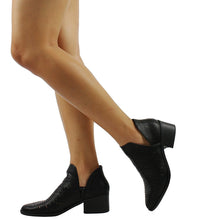 City Classified Women's Tiny Dash Perforations Western V Cutout Side Low Stacked Heel Ankle Bootie