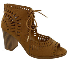 Top Moda Women's Laser Cut Lace Up Stacked Chunky Heel Ankle Bootie Sandal