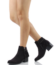 City Classified Women's Bean Faux Suede Fringe Stacked Heel Ankle Bootie, Cognac, 7 M US