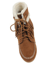 City Classified Women's Faux Suede Faux Fur Moccasin Fringe Lace Up Wedge