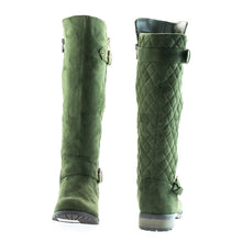 Calf High Biker Boots, Quilted Panel, Stack Heel & Threaded Lug Sole