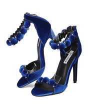 Cape Robin Alza-45 Women Velvet Pom Pom Stiletto Sandal Ankle Strap Sandal