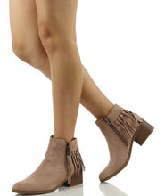 City Classified Women's Bean Faux Suede Fringe Stacked Heel Ankle Bootie, Cognac, 7 M US