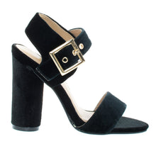 Round Cylinder Block High Heel w Thick Ankle Strap & Metallic Velvet