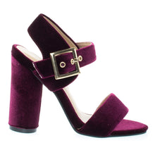 Round Cylinder Block High Heel w Thick Ankle Strap & Metallic Velvet