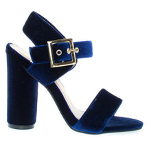 Round Cylinder Block High Heel w Thick Ankle Strap & Metallic Velvet