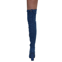 X2B FG50 Women's Over The Knee Ripped Distressed Chunky Block Heel Denim Boots