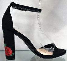 Wild Diva Morris-01B FAUX SUEDE EMBROIDERED ANKLE STRAP BLOCK HEELS SANDAL Black