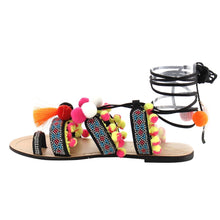 Chase & Chloe Simone-1 Women's Leg Wrap Tassel Pom-Pom Beads Flat Sandals