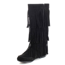 Refresh JOLIN-02 Women's Fringe Moccasin Flat Heel Zipper Under Knee High Boots