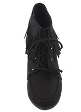 City Classified Women's Faux Suede Moccasin Fringe Lace Up Wedge