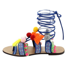Chase & Chloe Simone-1 Women's Leg Wrap Tassel Pom-Pom Beads Flat Sandals