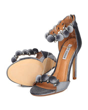 Cape Robin Alza-45 Women Velvet Pom Pom Stiletto Sandal Ankle Strap Sandal