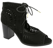 Top Moda Women's Laser Cut Lace Up Stacked Chunky Heel Ankle Bootie Sandal