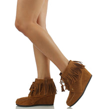 City Classified Women's Faux Suede Moccasin Fringe Lace Up Wedge