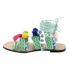 Chase & Chloe Simone-1 Women's Leg Wrap Tassel Pom-Pom Beads Flat Sandals