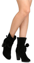 Breckelle's Women's Wrap Around Pom Pom Chunky Stacked Heel Ankle Bootie