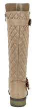 Calf High Biker Boots, Quilted Panel, Stack Heel & Threaded Lug Sole