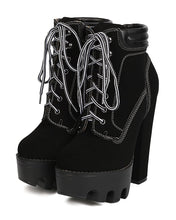Women Nubuck Lug Sole Block Heel Bootie - Dressy, Cosplay, Night Out - Lace Up Heel Boot - GC93 By Wild Diva
