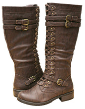 Cambridge Select Women's Strappy Lace-Up Knee High Combat Stacked Heel Boot