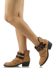Soda Women's Verity Ruched Cut Out Side Double Buckle Side Stacked Heel Ankle Bootie