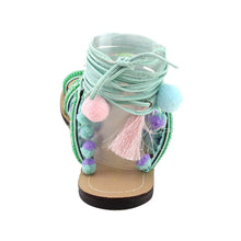 Chase & Chloe Simone-1 Women's Leg Wrap Tassel Pom-Pom Beads Flat Sandals