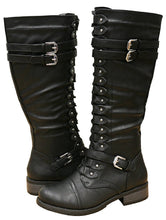 Cambridge Select Women's Strappy Lace-Up Knee High Combat Stacked Heel Boot