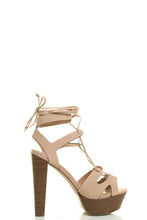 Breckelles Womens Peep Toe Leg Wrap Lace Up Thick High Heel Pump Sandal Shoes