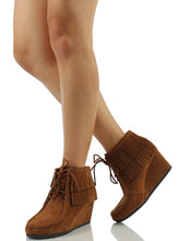City Classified Women's Faux Suede Moccasin Fringe Lace Up Wedge