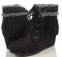 City Classified Women's Faux Suede Faux Fur Moccasin Fringe Lace Up Wedge