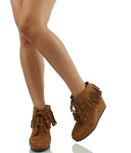 City Classified Women's Faux Suede Moccasin Fringe Lace Up Wedge