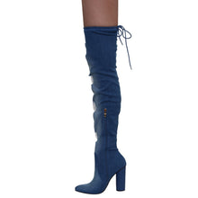 X2B FG50 Women's Over The Knee Ripped Distressed Chunky Block Heel Denim Boots