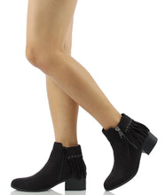 City Classified Women's Bean Faux Suede Fringe Stacked Heel Ankle Bootie, Cognac, 7 M US