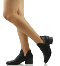 City Classified Women's Tiny Dash Perforations Western V Cutout Side Low Stacked Heel Ankle Bootie